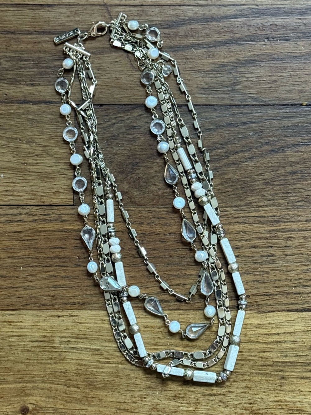 White House Black Market Layered Necklace with White Beads and Clear Accents